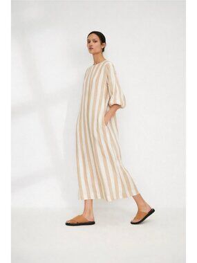 Everlane 100% Linen Wide Fit Midi Dress Striped Neutral Pockets  Size 14 NWOT